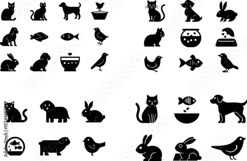 Pet animal icons vector set for dog cat bird fish rabbit chicken design elements