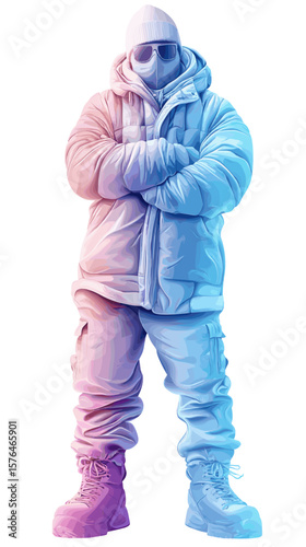 Colorful illustration of man in winter jacket and boots standing confidently  