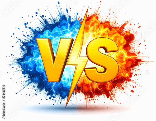 Golden versus symbol with lightning bolt between blue and red explosion on a white colored background image
