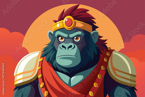 Vibrant illustration of a gorilla decked in majestic armor and a golden crown, embodying power and royalty. Set against a bold sunset background, this artistic piece exudes strength and authority.