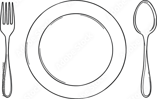 A simple black and white line drawing of a plate with a fork and spoon on either side of it