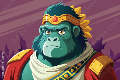 A majestic gorilla adorned in ancient warrior armor, featuring vibrant colors and intricate details. The artwork depicts a powerful and noble primate character in a fantasy setting.