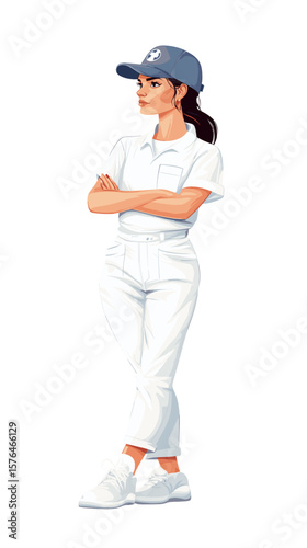 Confident woman wearing a cap and white outfit standing with arms crossed  