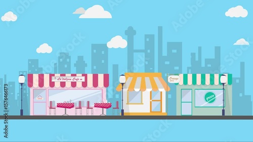 Flat Design City Street Scene with Cafes and Shops Animated Background with Clouds and Buildings
