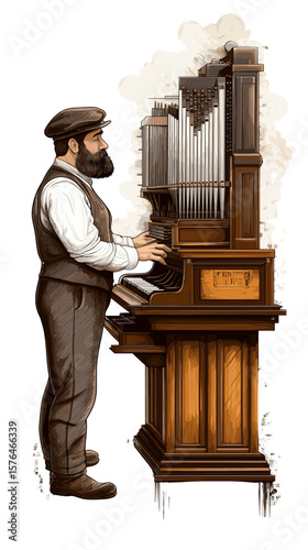 Man playing vintage organ with expression in vintage attire  