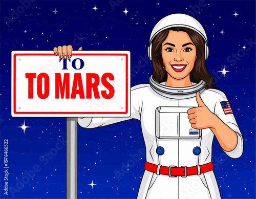 Cartoon astronaut woman in space suit holding a to mars sign with thumbs up and starry background
