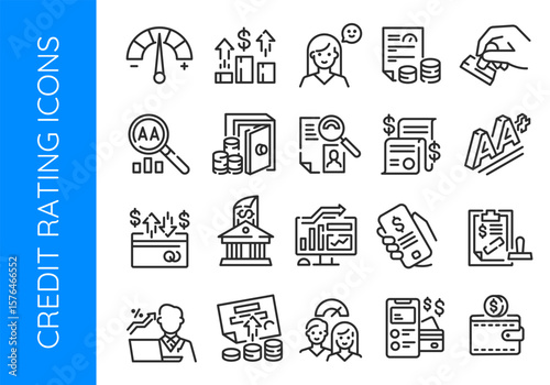 Credit Rating icons. Set of 20 Credit Rating trendy minimal icons. Example: Score, Report, Payment, Wallet, Bank icon. Design signs for web page, mobile app, packaging design. Vector illustration