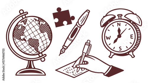 "Vintage halftone paper sticker set with classic school icons – globe, pen, hand gesture, clock, and educational puzzle pieces – isolated on white."