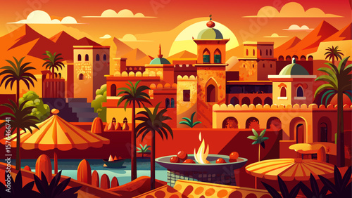 Marrakech, Morocco – Red walls and mosaic fountains glow beneath desert sun. Souks bustle with patterned textiles and brass lanterns. Date palms sway above historic Medina rooftops in warm hues.