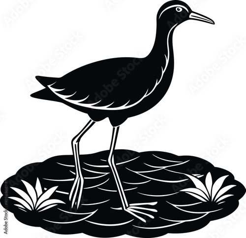 Elegant black silhouette of a wading bird standing in water with plants