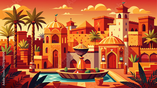 Marrakech, Morocco – Red walls and mosaic fountains glow beneath desert sun. Souks bustle with patterned textiles and brass lanterns. Date palms sway above historic Medina rooftops in warm hues.
