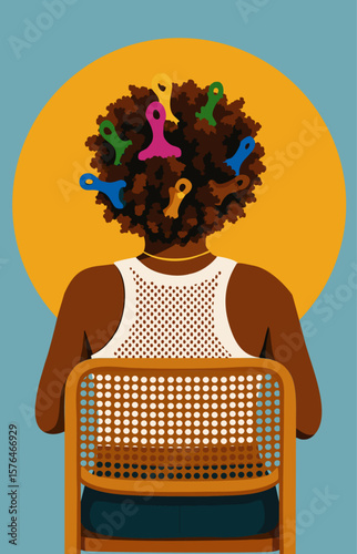 Afrofuturist illustration of a Black woman sitting on a straw chair, with afro hair adorned with colorful afro picks (afro combs), against a blue background and yellow halo
