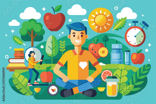 Vibrant vector illustration depicting a healthy lifestyle with elements like meditation, exercise, nature, and nutritious food. Emphasizes wellness, balance, and positive energy in a lively design.