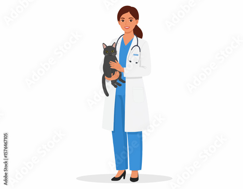 Female veterinarian holding a black cat wearing a white coat and stethoscope in a clinic setting