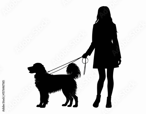 Silhouette of a woman in a coat walking a dog on a leash in a simple black and white image style