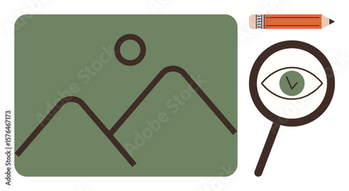 Green image frame with sun and mountains, magnifying glass inspecting visual quality, pencil for edits. Ideal for design, creativity, quality check, editing, review, content creation branding
