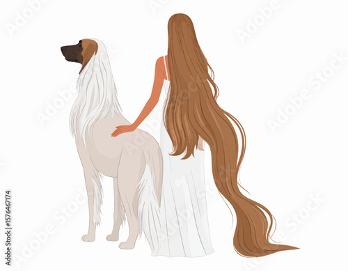 A woman in a white dress stands with her hand on an afghan hound with long flowing hair and fur