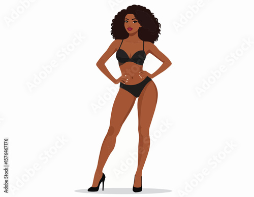 Illustration of a woman with dark skin and curly hair in black lingerie and high heels posing elegantly