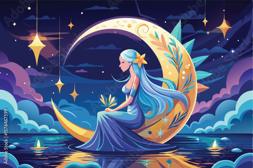 a celestial figure sitting on a crescent moon