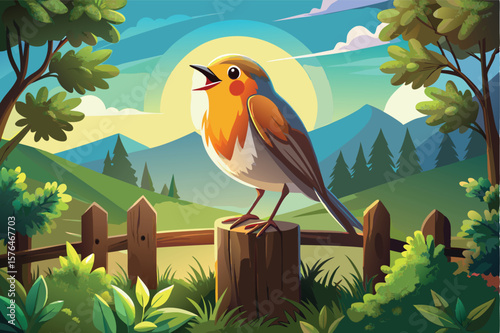 a charming robin perched on a fencepost singing