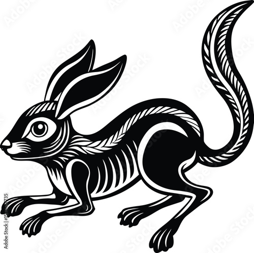 Stylized black jackrabbit with intricate feather like details silhouette