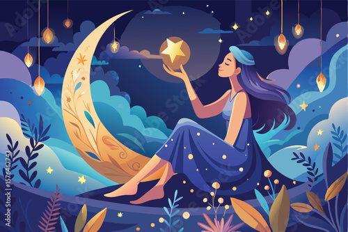 a dream like scene of a woman seated on a crescent