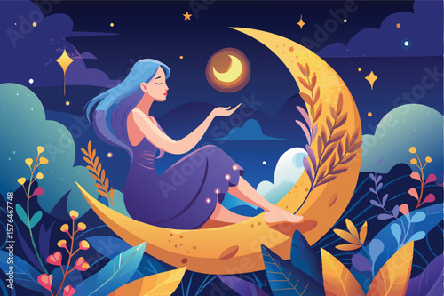 a dream like scene of a woman seated on a crescent