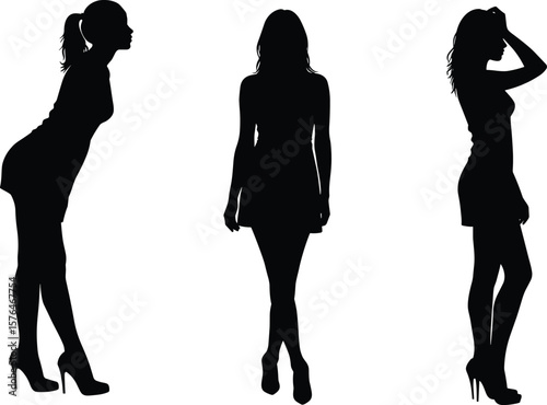 Stylized woman poses cad drawing flat vector illustration, three fashionable silhouettes in confident stances, high heels front layout concept