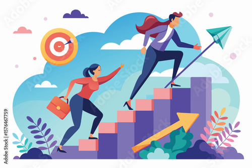 Illustration of two professional individuals climbing stairs, symbolizing ambition, career growth, and reaching targets. Features a target and paper airplane, representing goals and aspirations.