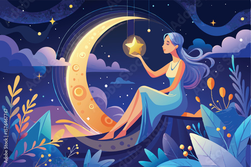 a dream like scene of a woman seated on a crescent