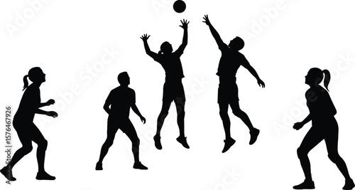 Volleyball match cad drawing flat vector illustration, dynamic silhouettes jumping and spiking, five players in motion, sports teamwork front layout