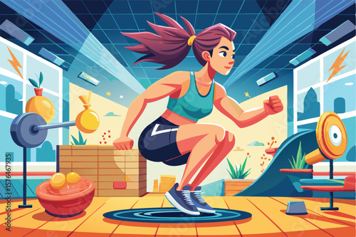 a girl doing jump squats in a gym with a motivation