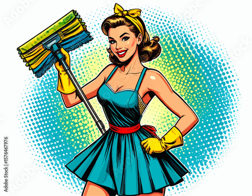 Retro style woman holding a mop with yellow gloves and bow in her hair in front of a halftone background