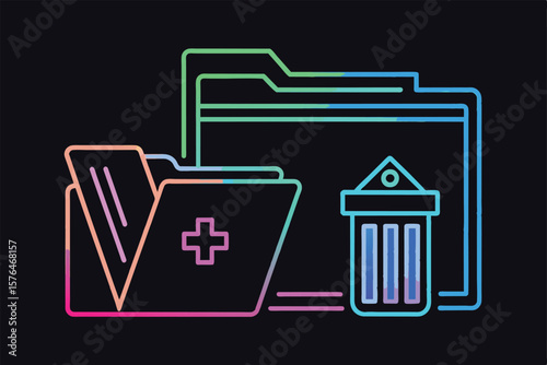 A vibrant neon illustration showcasing digital file folders with a medical cross symbol and a trash can, representing file management and organization. Ideal for tech and healthcare themes.
