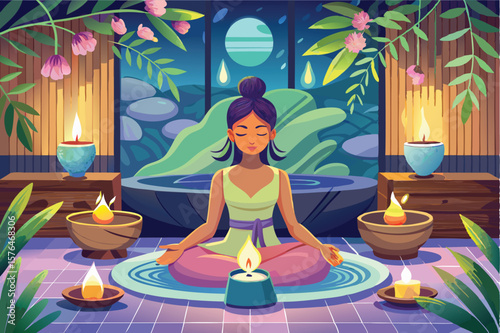a serene woman meditating in a luxurious spa soft lighting
