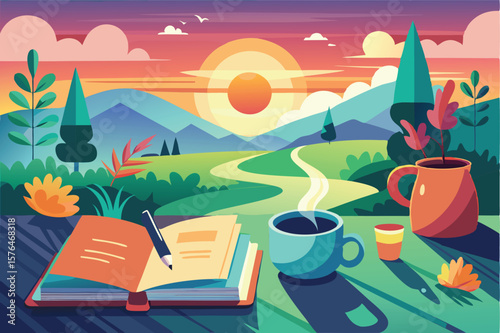 a serene morning scene with a cup of coffee