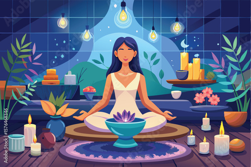 a serene woman meditating in a luxurious spa soft lighting