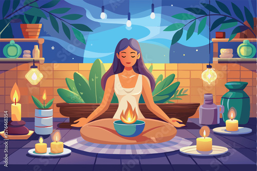 a serene woman meditating in a luxurious spa soft lighting