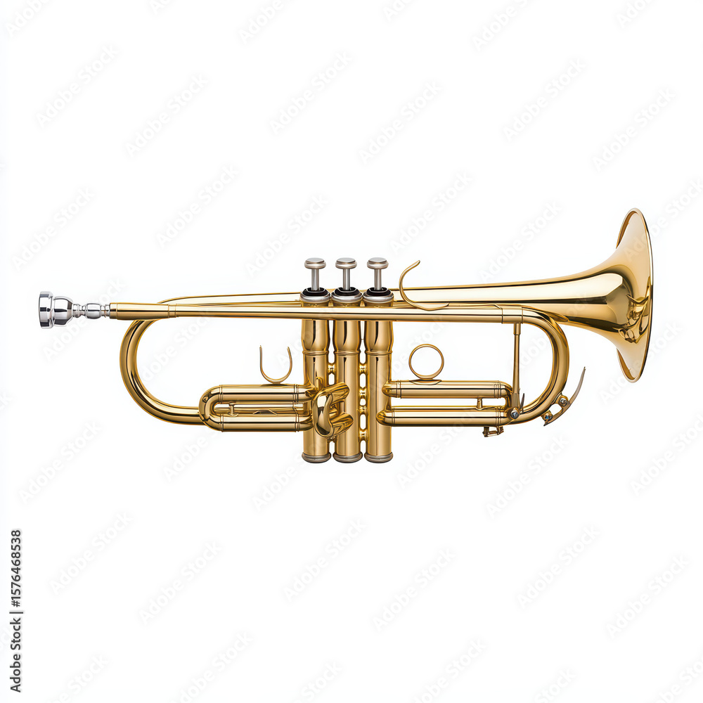 Obraz premium A shiny golden trumpet with three valves and a flared bell, displayed on a white background.