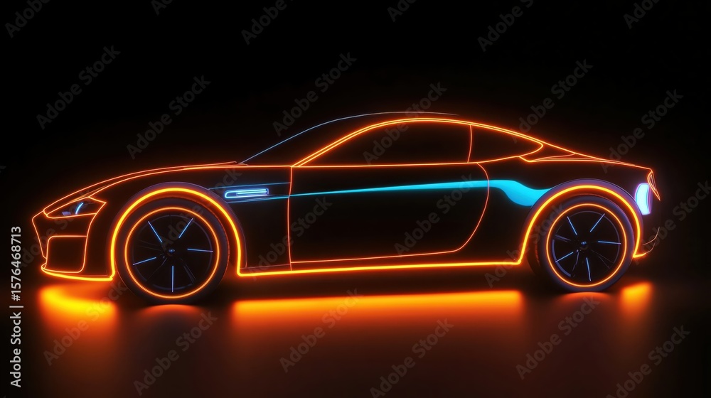 Fototapeta premium 3D rendering of sleek electric car with neon lights, glowing in dark background, showcasing advanced technology.