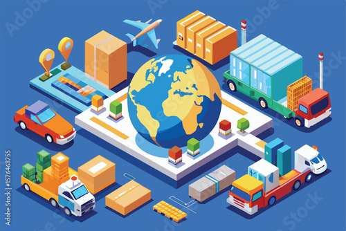 Illustration depicting global logistics and transportation, showcasing various vehicles, maps, and packages surrounding a globe, symbolizing international shipping and cargo management.