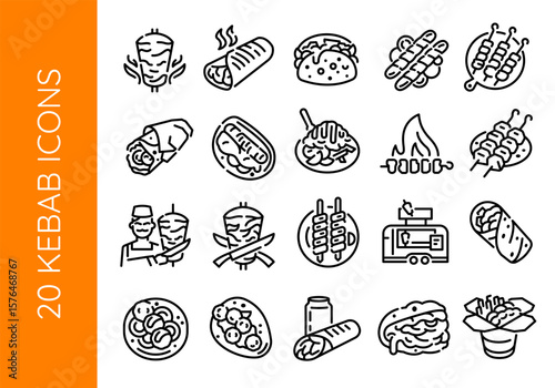 Kebab icons. Set of 20 kebab trendy minimal icons. Example: Doner, Shawarma, Skewers, Wrap, Grill icon. Design signs for web page, mobile app, packaging design. Vector illustration