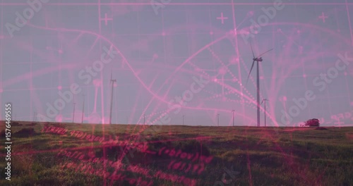 Red network graphics emerging left, floating above wind turbines and hill visualizing data currents