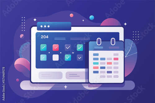 Illustration of a vibrant online calendar and task management interface, showcasing organization and productivity tools. Perfect for portraying modern digital efficiency in scheduling and planning.