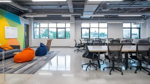 Open concept office with bright colors and modern design provides a creative workspace and collaborative environment.