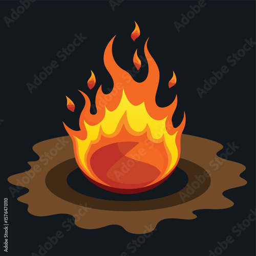 Vibrant cartoon illustration of a campfire burning brightly with fiery orange and yellow flames