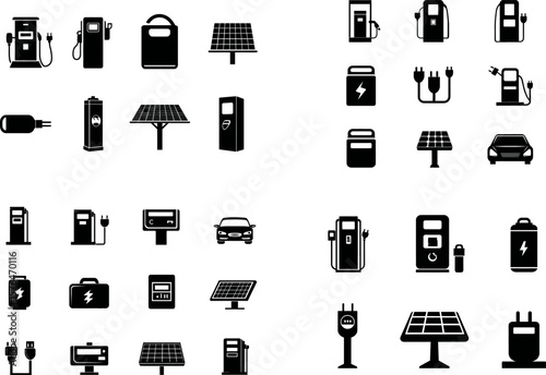 Electric vehicle charging station ev charger icons solar panel battery set vector