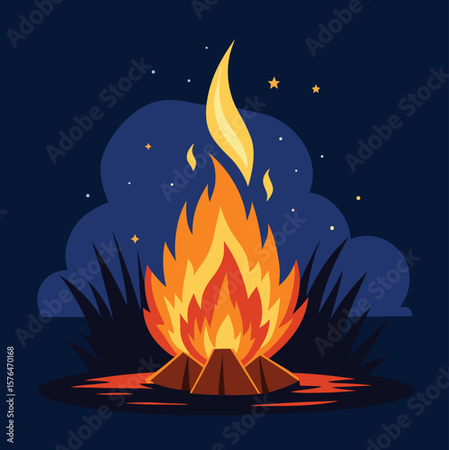 Vibrant illustration of a campfire burning brightly under a starry night sky outdoors