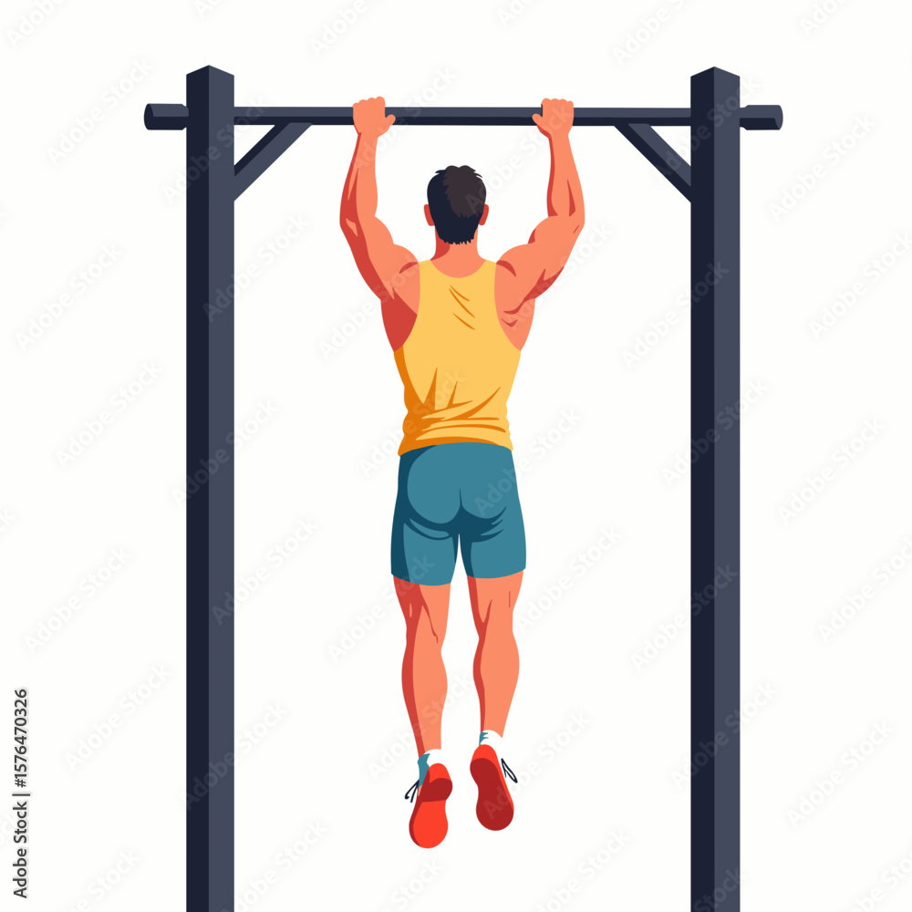 Naklejka premium Guy hanging from pull-up bar exercising with athletic physique