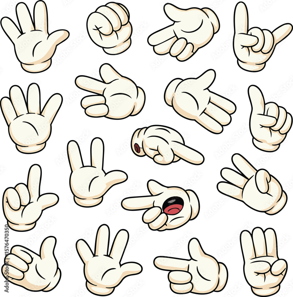 Fototapeta premium Cartoon hands set in various gestures and poses isolated on white background for design